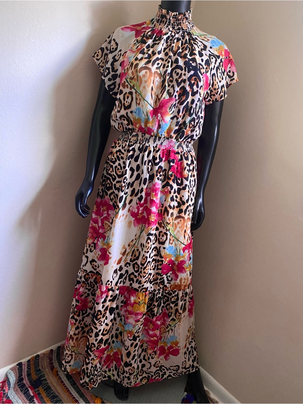 Gibson Pink Floral & Black Leopard Smocked Maxi Dress